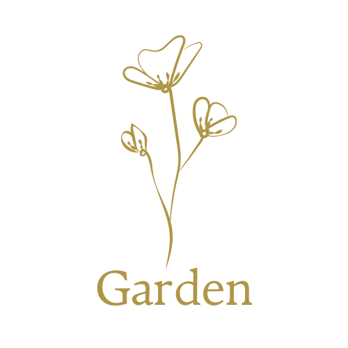 A minimalist line drawing of a flower with the word "Garden" underneath, all in gold on a black background.