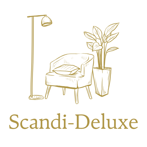 A gold line drawing of a cozy seating area with an armchair, a cushion, a tall floor lamp, and a potted plant, along with the text 'Scandi-Deluxe' at the bottom.
