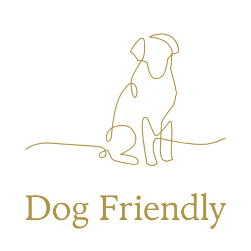 Line art illustration of a sitting dog with the text 'Dog Friendly' below.