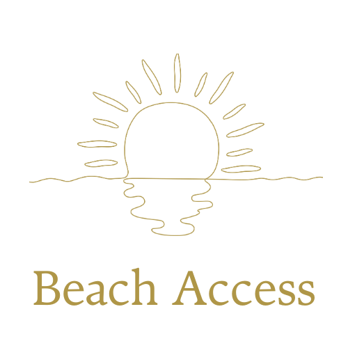 Line drawing of a sun setting over the water with the words 'Beach Access' underneath.