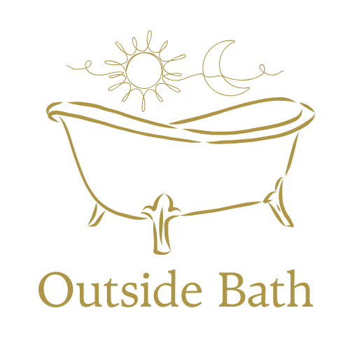 Gold line drawing of a bathtub with a sun and moon above it, and the words "Outside Bath" below.