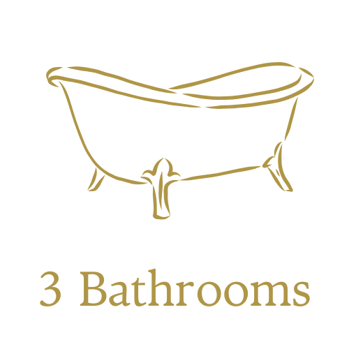 Illustration of a vintage clawfoot bathtub with the words '3 Bathrooms' below.