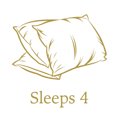 Illustration of a pillow with the text 'Sleeps 4' underneath.