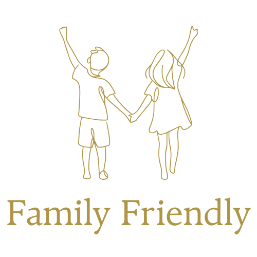 Line drawing of a boy and girl holding hands, with one arm raised, and the words "Family Friendly" below.
