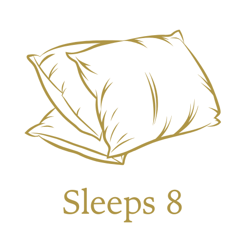 Drawing of two pillows with the text 'Sleeps 8' underneath.
