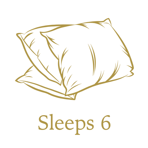 A line drawing of a pillow with the text "Sleeps 6" below it.