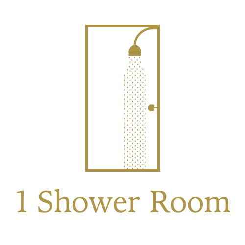 Illustration of a showerhead with water spray above the words '1 Shower Room' in gold.