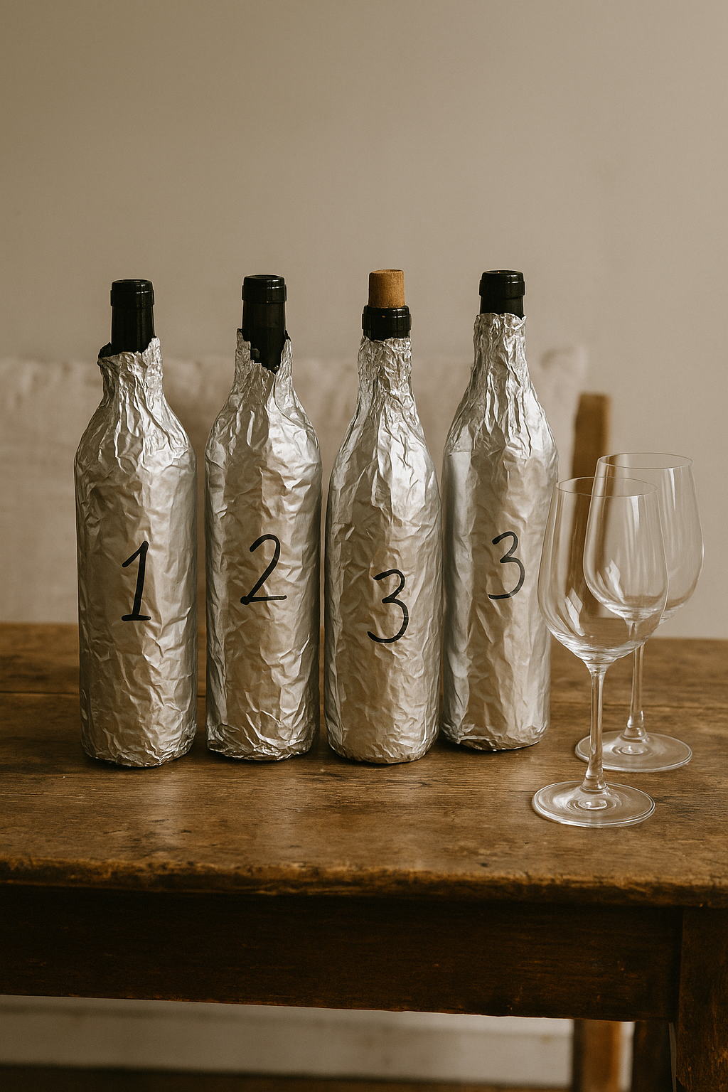 Four wine bottles wrapped in foil and labeled 1, 2, 3, 3 next to three empty wine glasses on a wooden table.