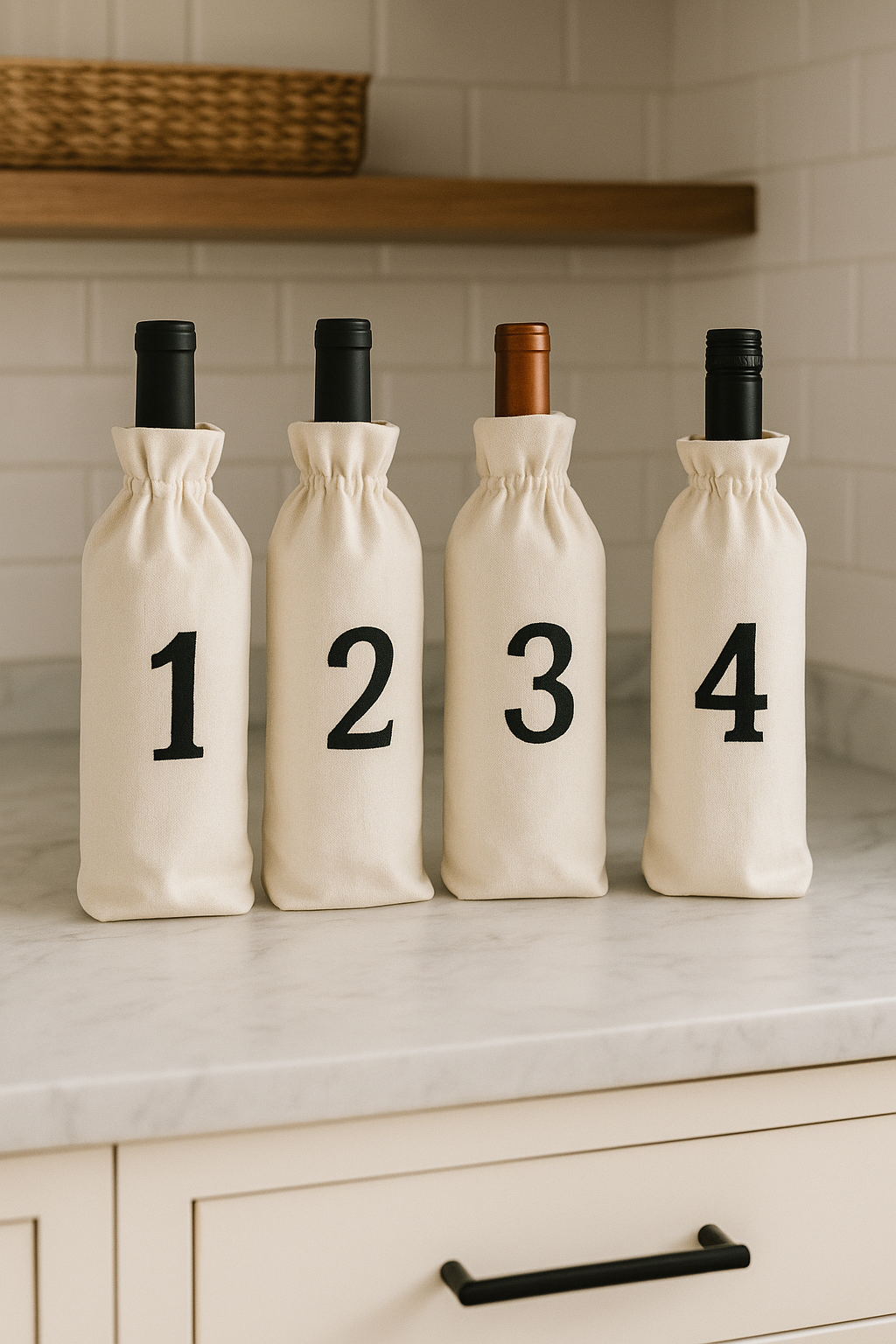 Four wine bottles covered in black cloth sleeves numbered 1 to 4, lined up on a wooden bar with wine shelves in the background.Wine Bottle Covers for Blind Tasting
