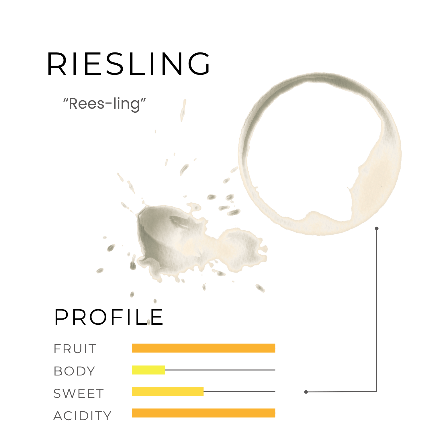 A wine stain, a splash, and a flavor profile bar chart for Riesling highlight this classic among types of wine.
