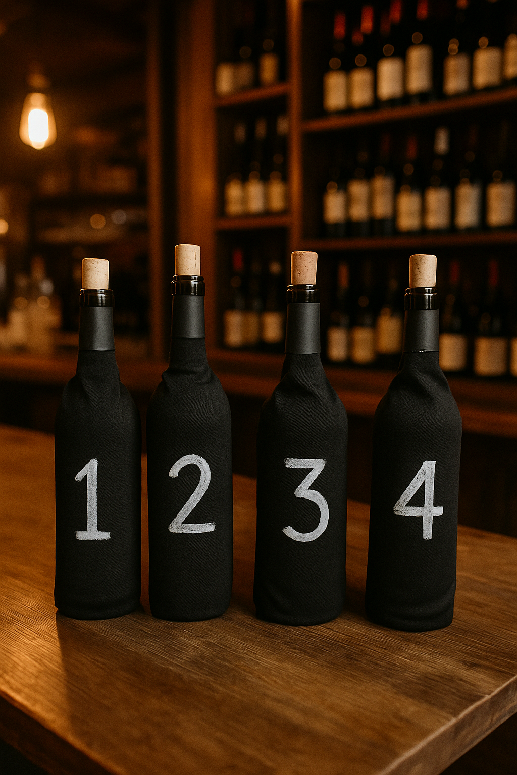 Four wine bottles covered in black sleeves numbered 1 to 4 stand on a wooden counter in a dimly lit wine cellar.