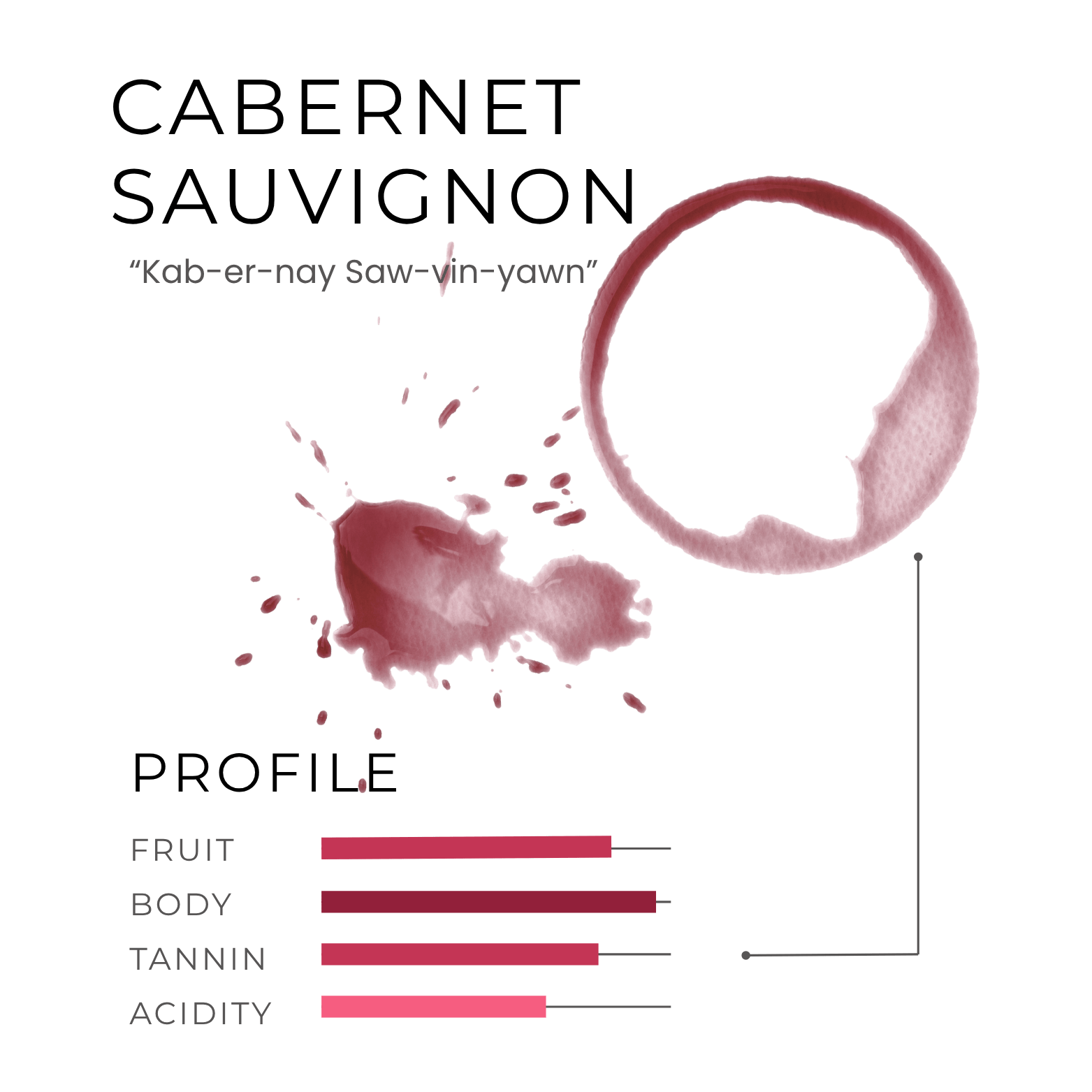 A wine stain, a splash, and a flavor profile bar chart for Cabernet Sauvignon highlight this classic among types of wine.