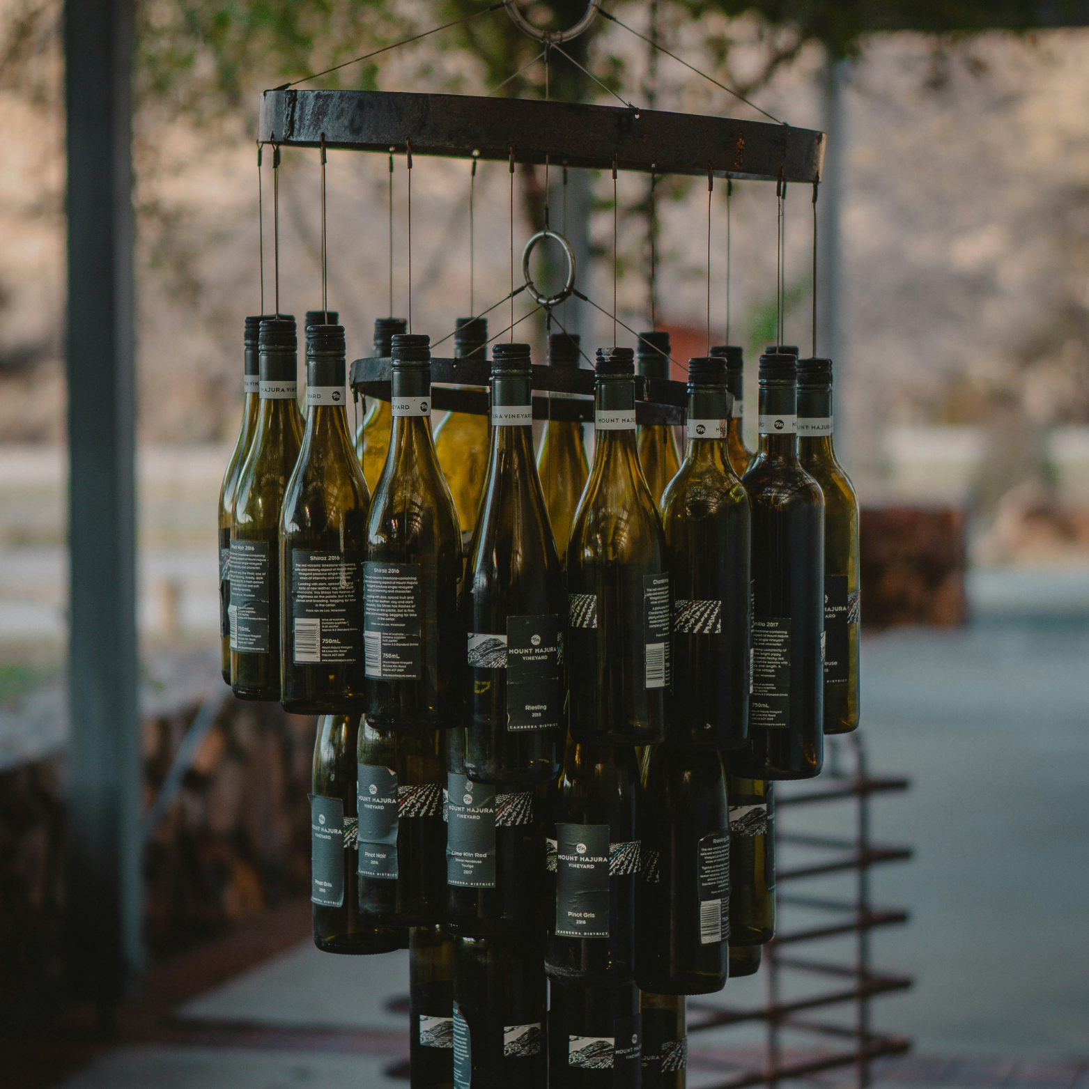Bottles hanging from wire to show the easy laid back nature of the wine blog