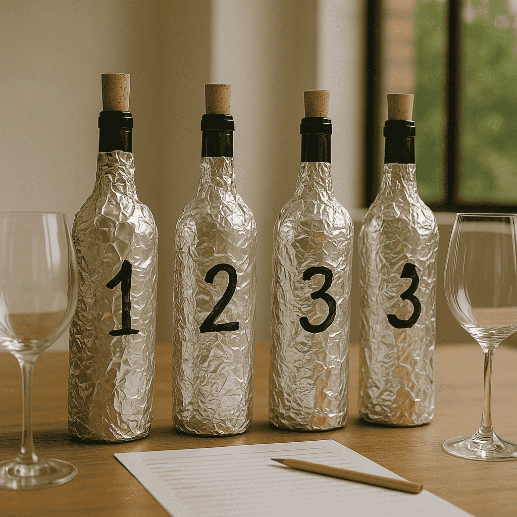 3 Bottle covered with foil for a blind wine tasting party