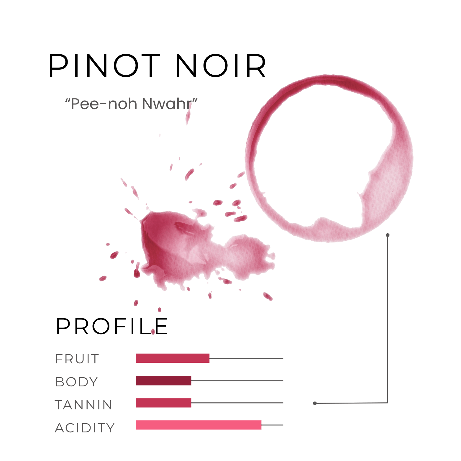 A wine stain, a splash, and a flavor profile bar chart for Pinot Noir highlight this classic among types of wine.