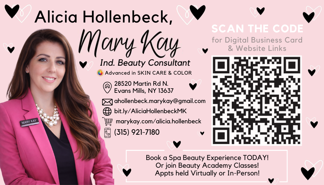 Business card for Alicia Hollenbeck, a Mary Kay Independent Beauty Consultant, with contact information including address, email, phone number, website, and a QR code for digital business card and website links. The card has a pink background with black and white heart decorations and a photo of Alicia Hollenbeck wearing a pink blazer and pearl necklace.