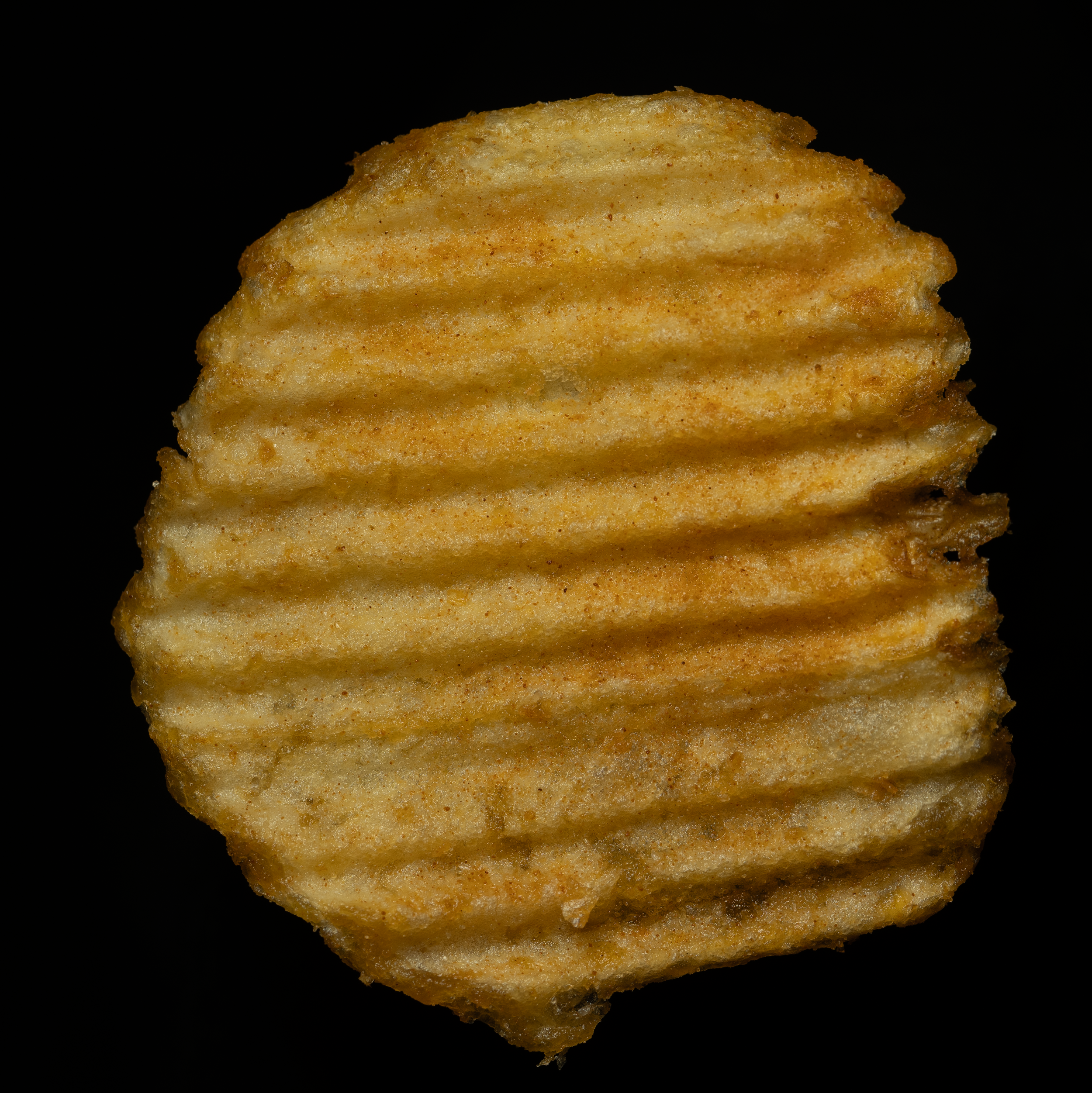 Close-up of a ridged, crispy potato chip on a black background.