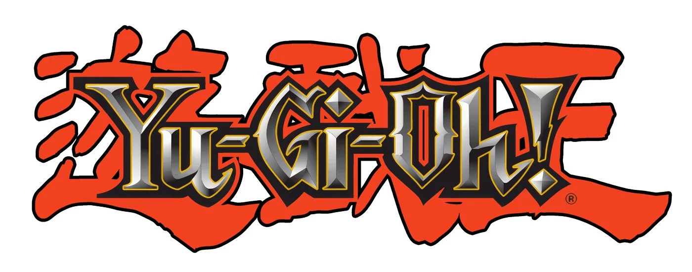 Yu-Gi-Oh! logo with stylized metallic text outlined in black, set against an orange background.