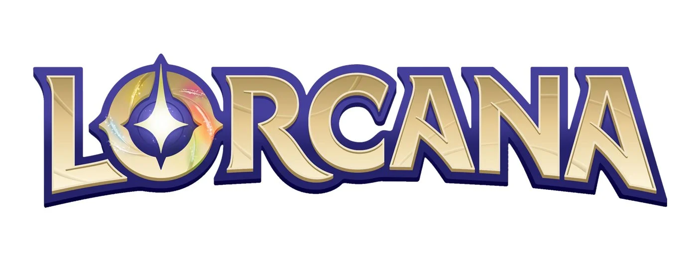 Logo for the game 'Lorcana' with a stylized text and a mystical emblem featuring colorful light effects.
