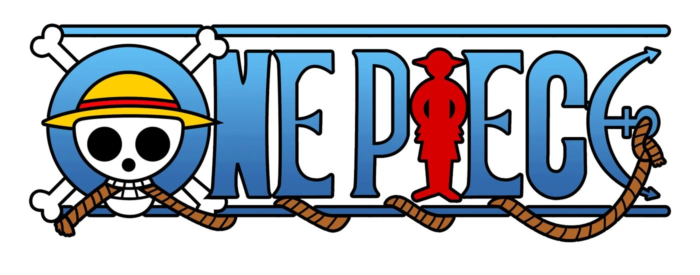 A colorful 'One Piece' logo featuring a skull with a straw hat, a red female silhouette, and a braided rope.