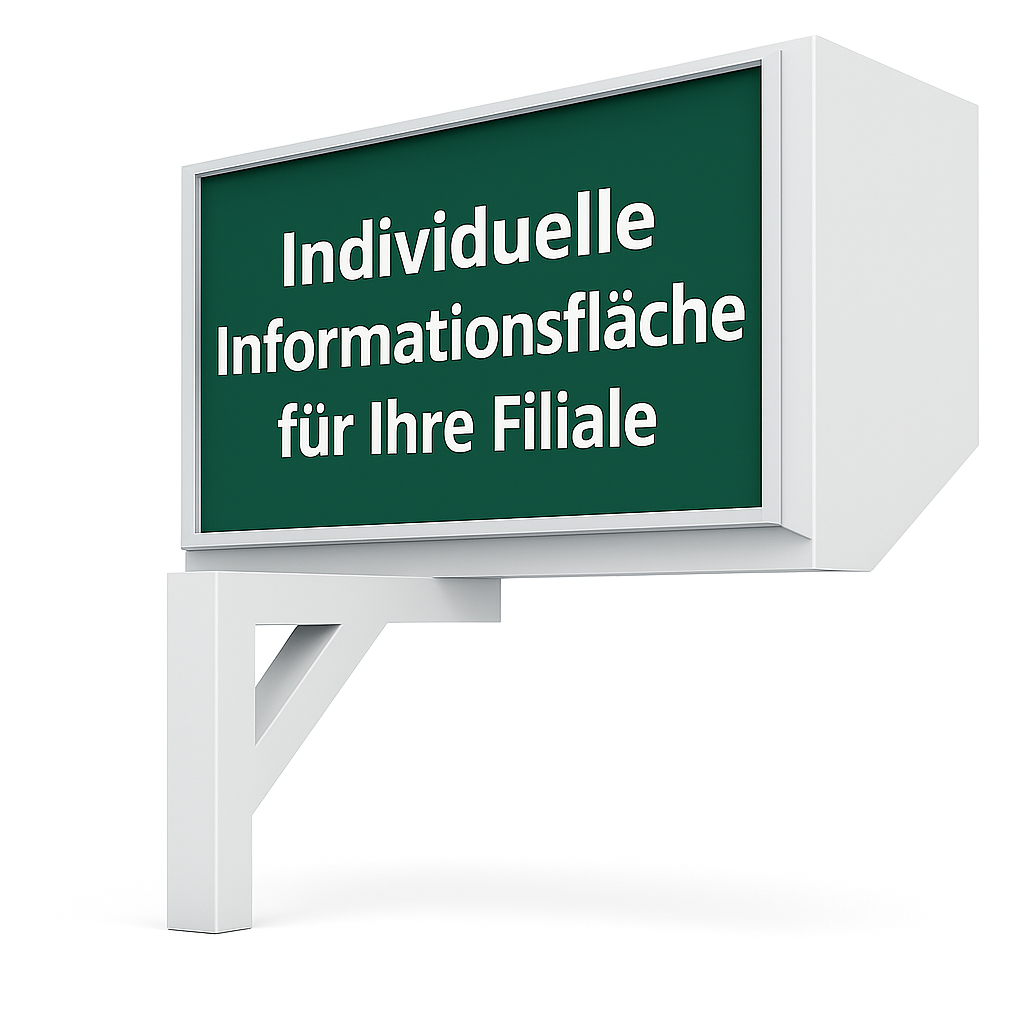 Rauchwarendispense 3D-Visualisierung Freistehend mit einem Werbeschild mit der Aufschrift 'Individuelle Informationsfläche für Ihre Filiale'