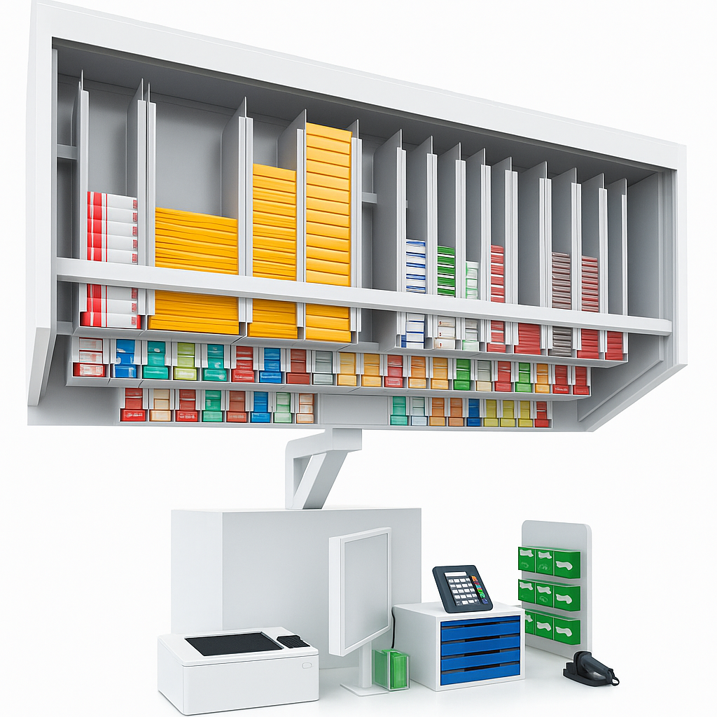 Rauchwarendispenser 3D-Visualisierung freistehende Befestigung. Inhalte in verschiedenen Farben, darunter rot, blau, grün, gelb und weiß, mit Scanner, Drucker, Kasse und Schubladenschrank auf einem Schreibtisch.