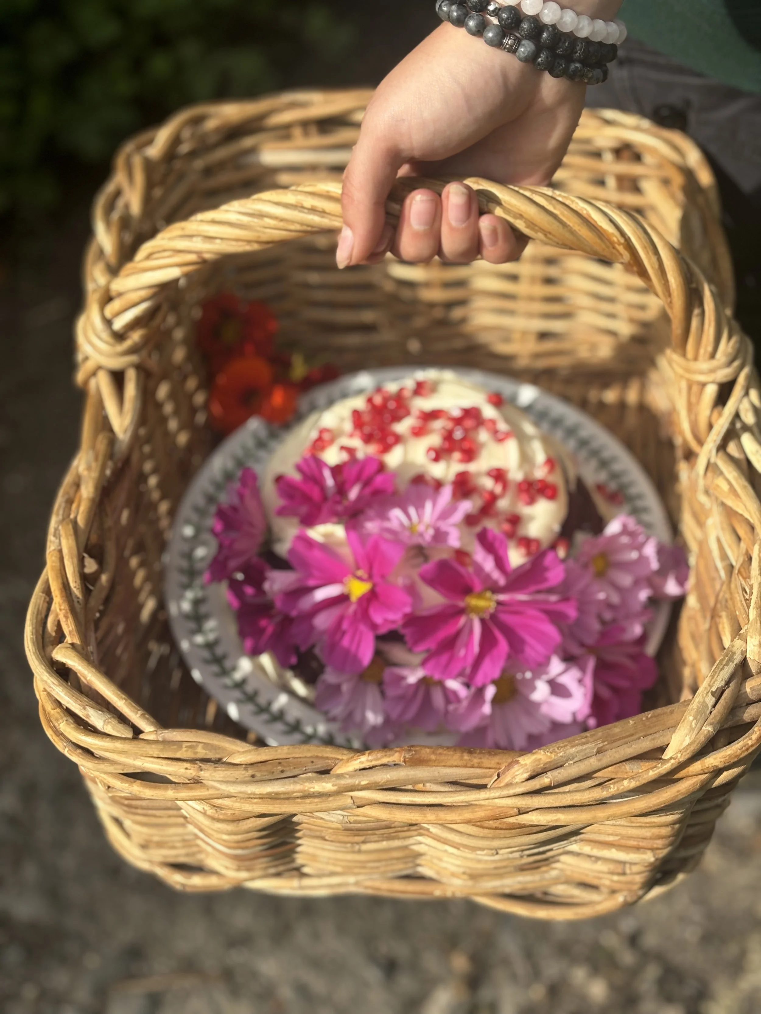 Hand holding a wicker basket with a cake decorated with pink flowers and red sprinkles inside.