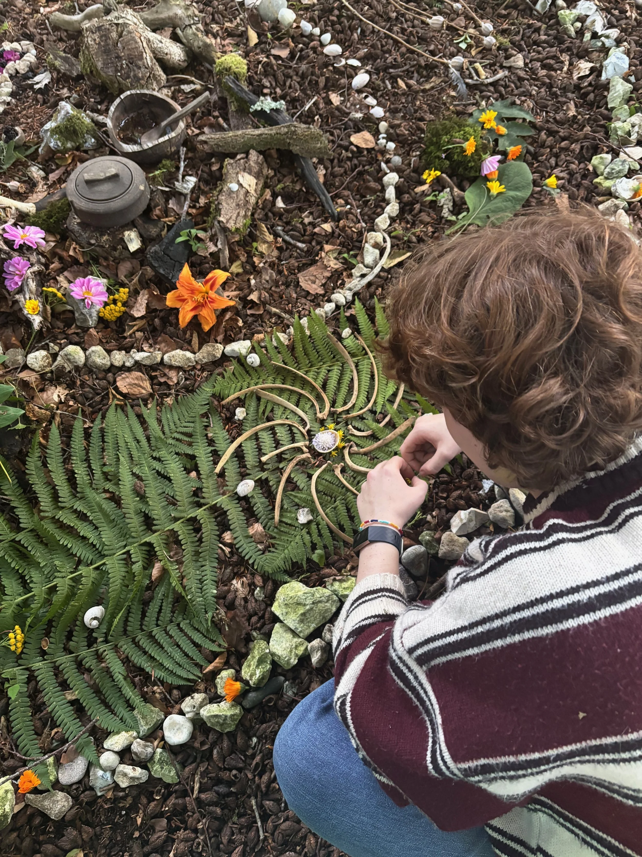 Person working on a garden feature with a large fern and flower arrangement, surrounded by rocks and small flowering plants.