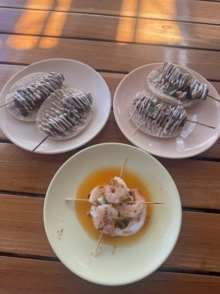 Hanger steak skewers on flatbread and grilled shrimp at The Dock on Resilient Lady