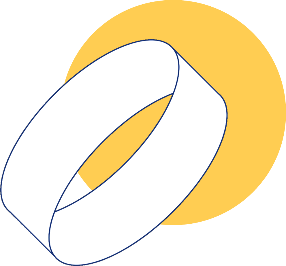 Ein stilisierter goldener Ring auf schwarzem Hintergrund mit einem weißen geometrischen Design umgeben, das die Form eines Rings darstellt.
