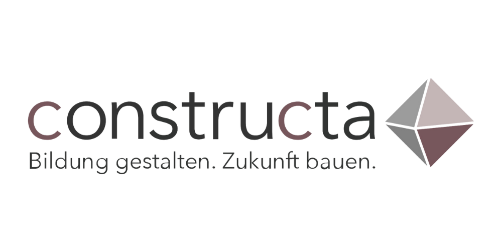 Logo mit dem Text 'constructa' und einer 3D-Pyramide, darunter der Slogan 'Bildung gestalten. Zukunft bauen'.