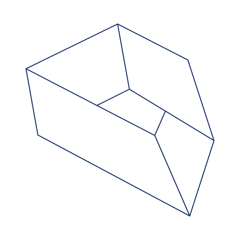 Ein 3D-Modell eines transparenten Würfels mit dunklem inneren Raum und blauen Konturlinien, der auf einem schwarzen Hintergrund schwebt.