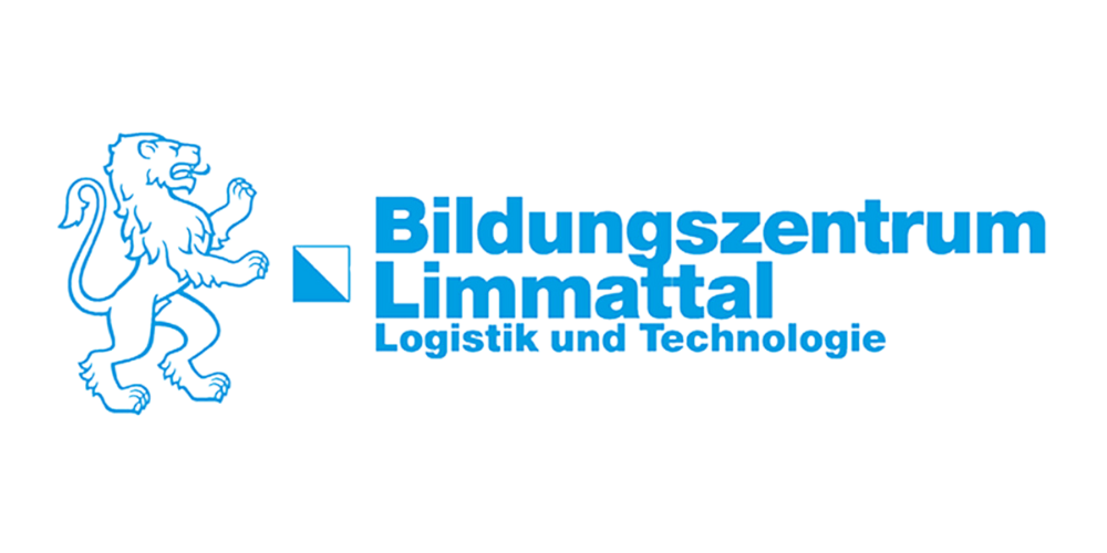 Logo des Bildungszentrums Limmattal mit einem Löwen auf der linken Seite und blauer Textelemente, die 'Bildungszentrum Limmattal Logistik und Technologie' sagen.