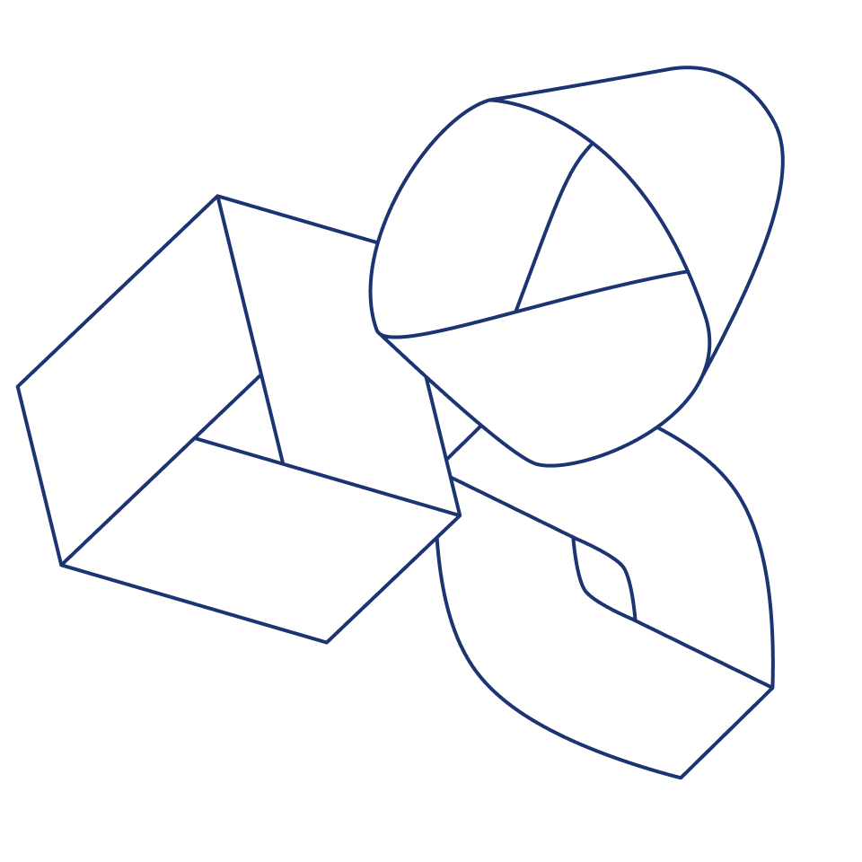 Schwarzes und weißes geometrisches 3D-Design mit sich überschneidenden Formen, Linien und Flächen.