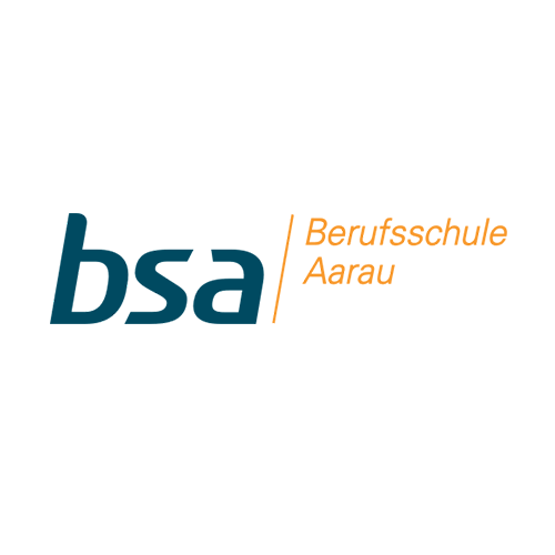 Logo der Berufsschule Aarau, abgekürzt als bsa, in blauer und orange Schrift.