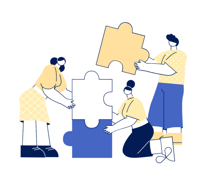 Drei Menschen setzen Puzzleteile zusammen.