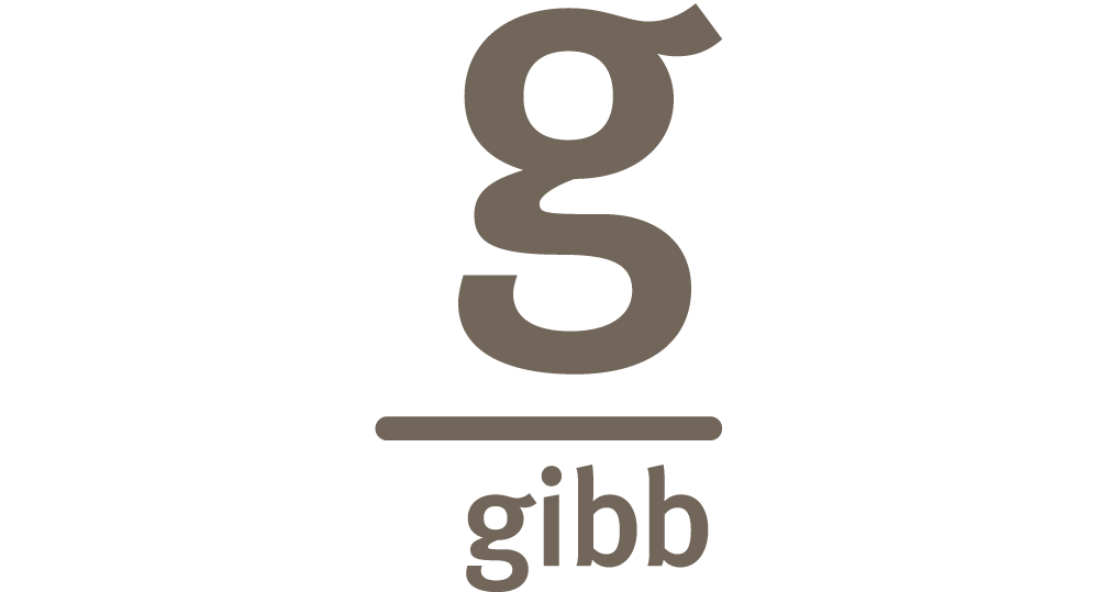 Logo mit großen Buchstaben 'g' und 'g' unter einer Linie, darunter das Wort 'gibb'.