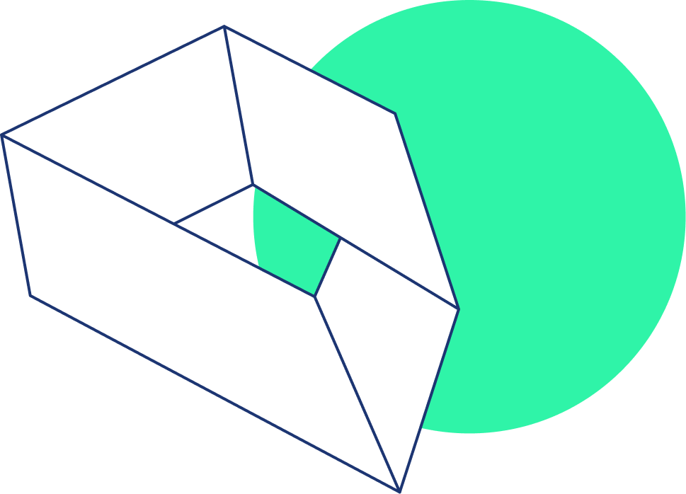 Ein 3D-Diagramm mit einem kubischen Würfel vor einem großen, grünen Kreis, der dahinter liegt.