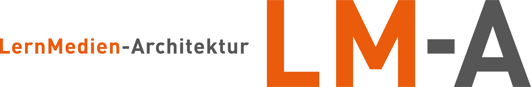 Grafisches Logo mit orange, grau, schwarz und weiß Farben, das den Text "LernMedien-Architektur" und die Abkürzung "LMA" enthält.