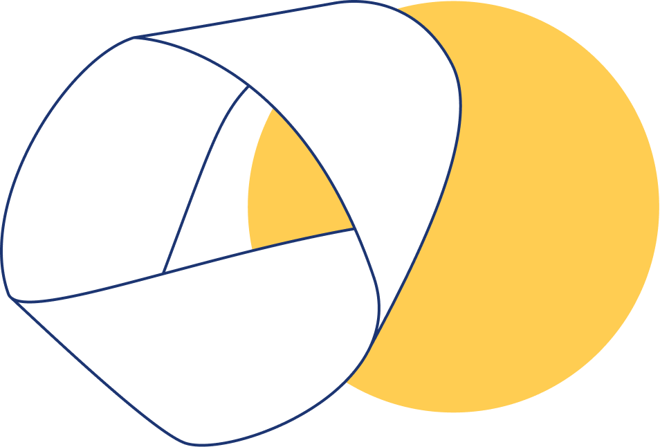 Entwickelte Illustration eines dreidimensionalen, geometrischen Objekts mit weißen, blauen und schwarzen Flächen und einer großen gelben Scheibe im Hintergrund.