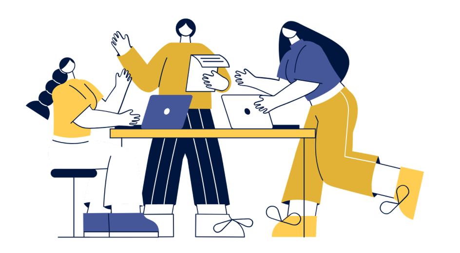 Drei cartoonartige Frauen arbeiten zusammen an einem Tisch mit Laptops und Dokumenten, eine Frau sitzt, die anderen beiden stehen, in einem modernen, stilisierten Design.