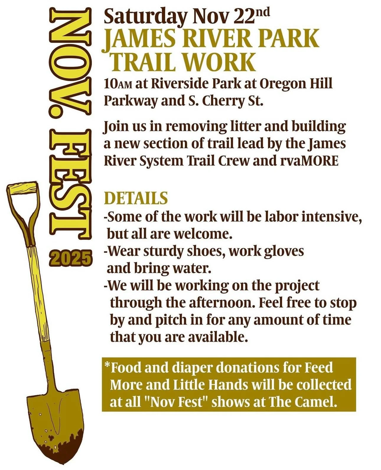 SATURDAY!
Join us as we celebrate November fest with @_tim_barry_ and @jrpsrichmond by working on a VERY cool new Northbank section.
We&rsquo;ll be meeting at 10am at Riverside Park, the intersection of Oregon Hill Parkway and Cherry Streets.
Head to