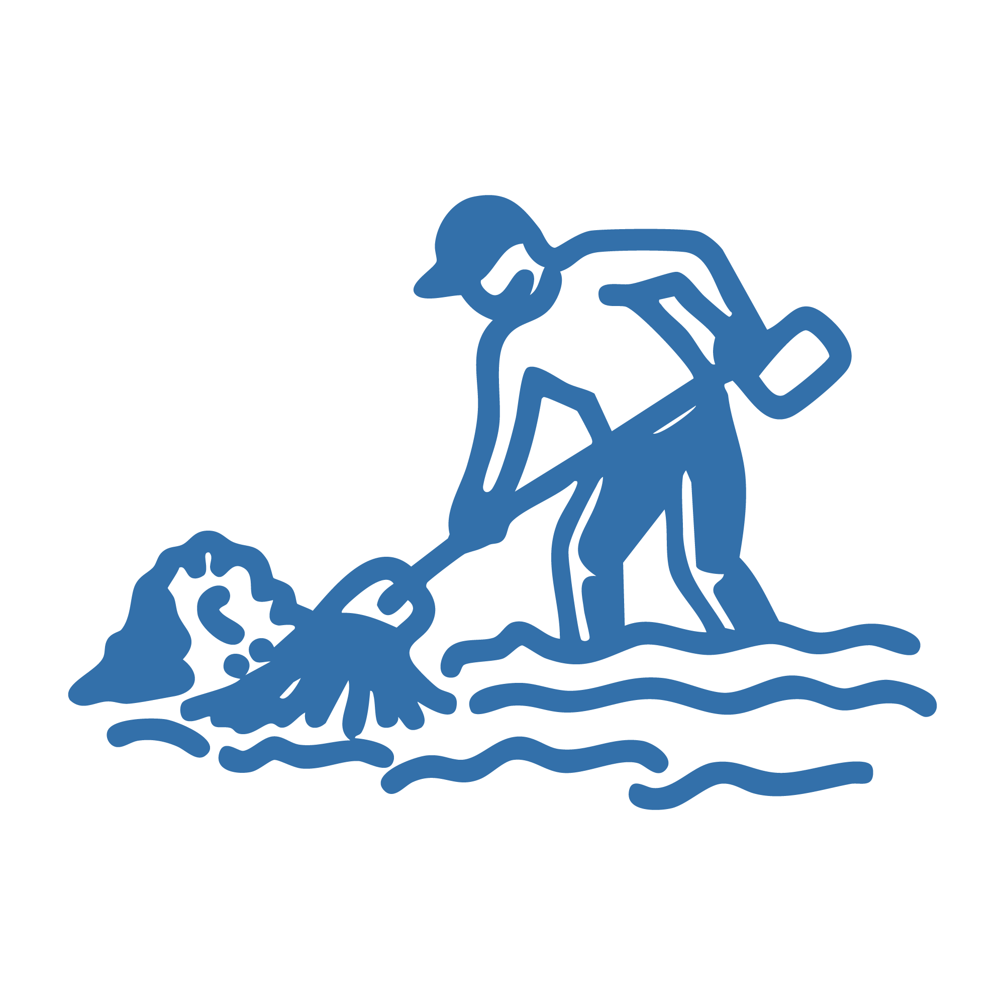 Icon of a person in a hat and casual clothes with a bucket, mopping water from the ground.