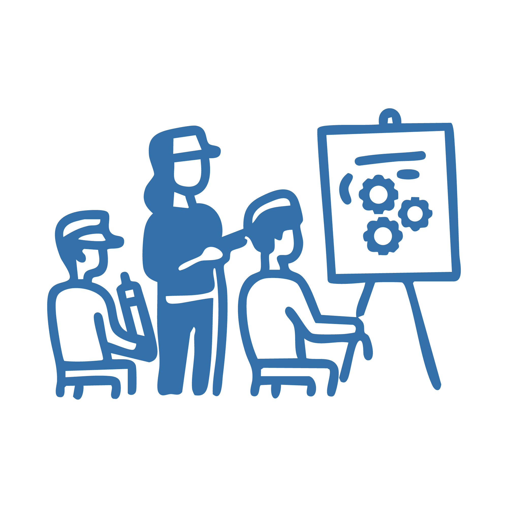 Illustration of three people at a meeting, one standing and presenting with a clipboard, and two seated, working on laptops, with presentation board showing gear icons.