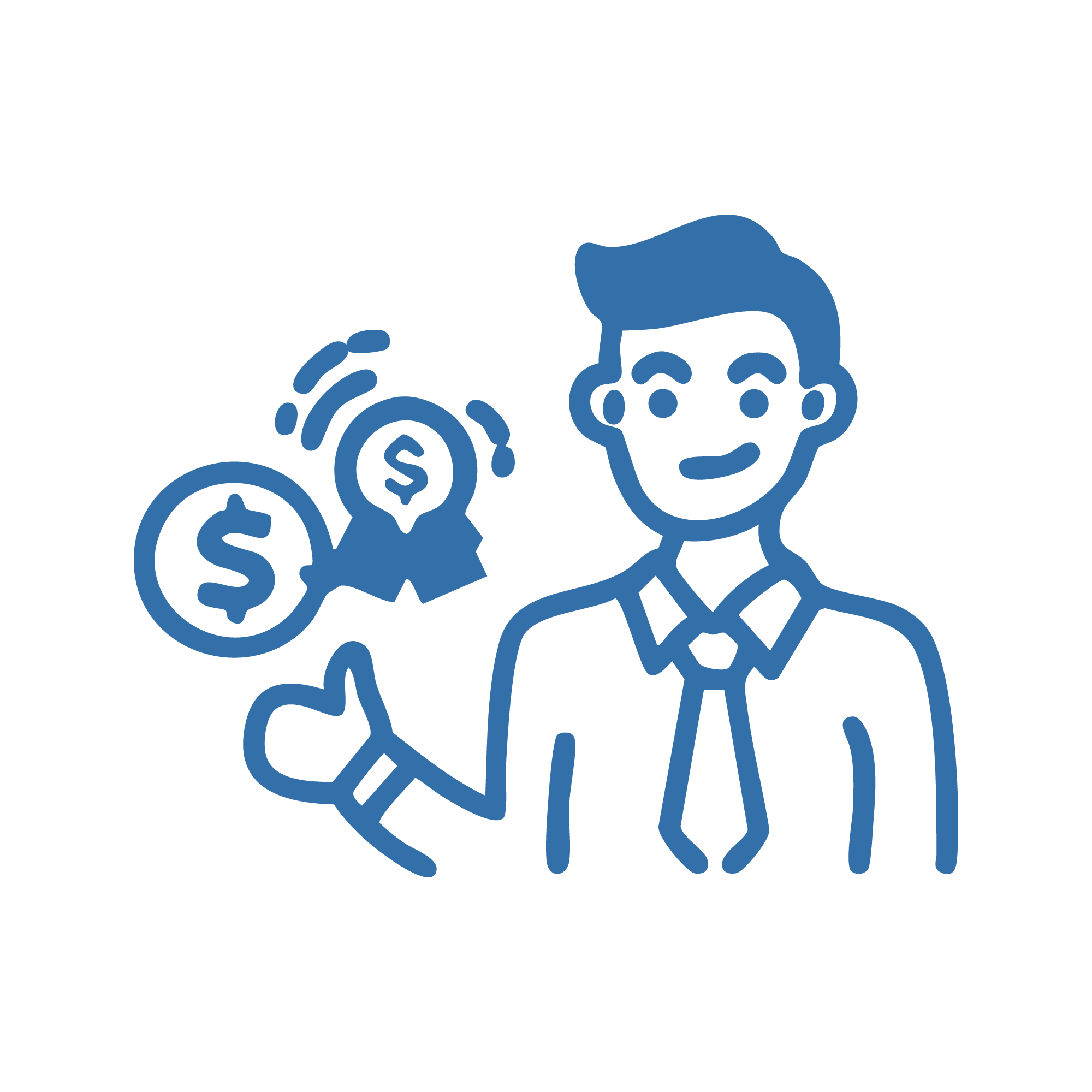 A blue line drawing of a smiling man in a shirt and tie, gesturing with his right hand, surrounded by icons of coins and dollar signs.