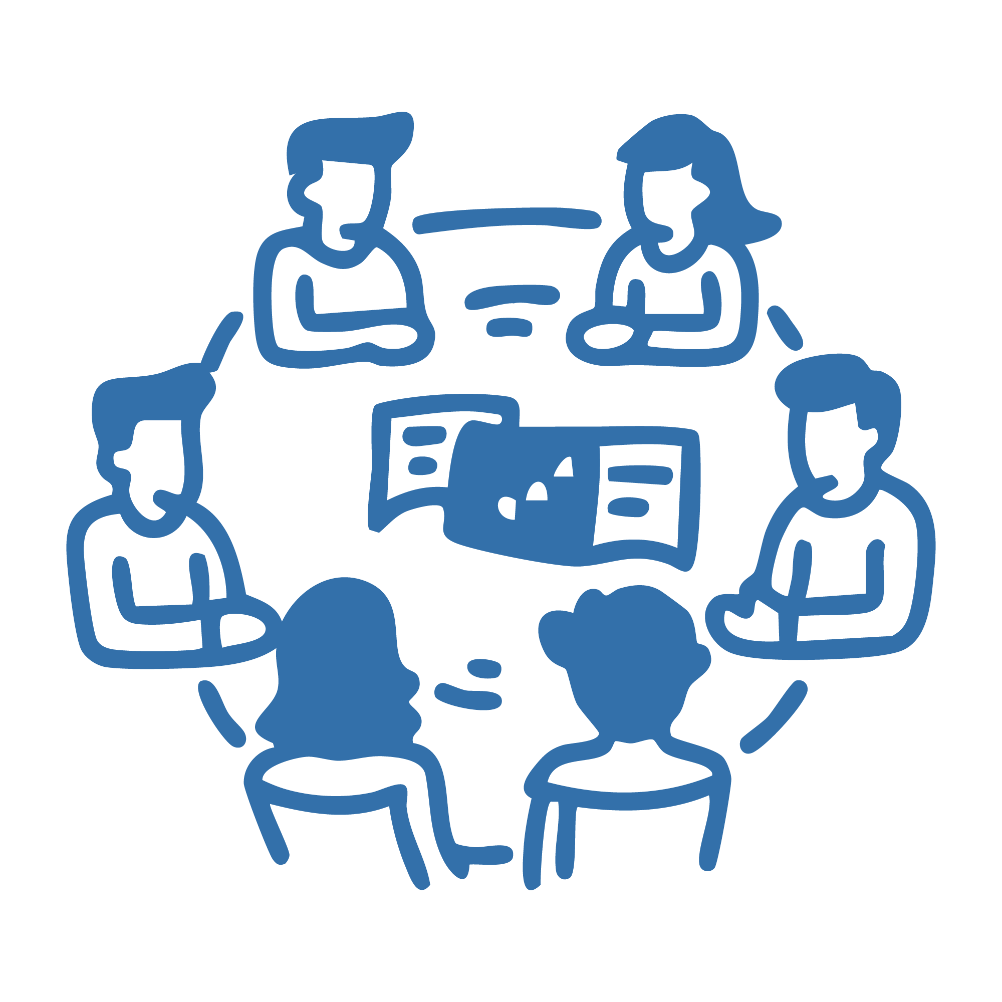 Line drawing of six people sitting around a round table, having a discussion with a document or brochure on the table.