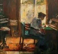 Un quadro che rappresenta una segretaria mentre prende appuntamenti per le visite omeopatiche