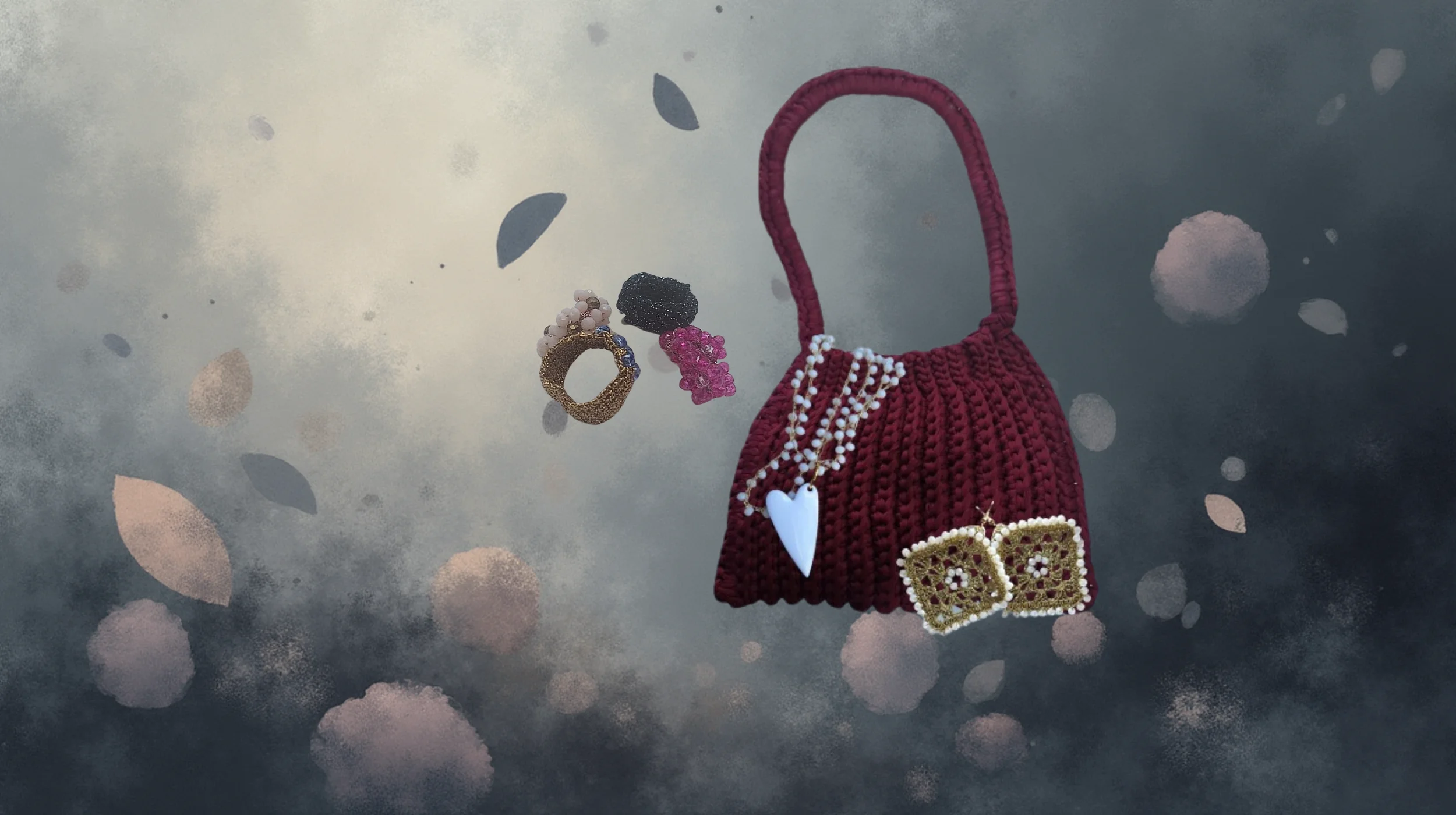 Una borsa rossa in maglia con fiorellini, decorata con collane e orecchini, sfondo sfumato con forme di foglie e cerchi