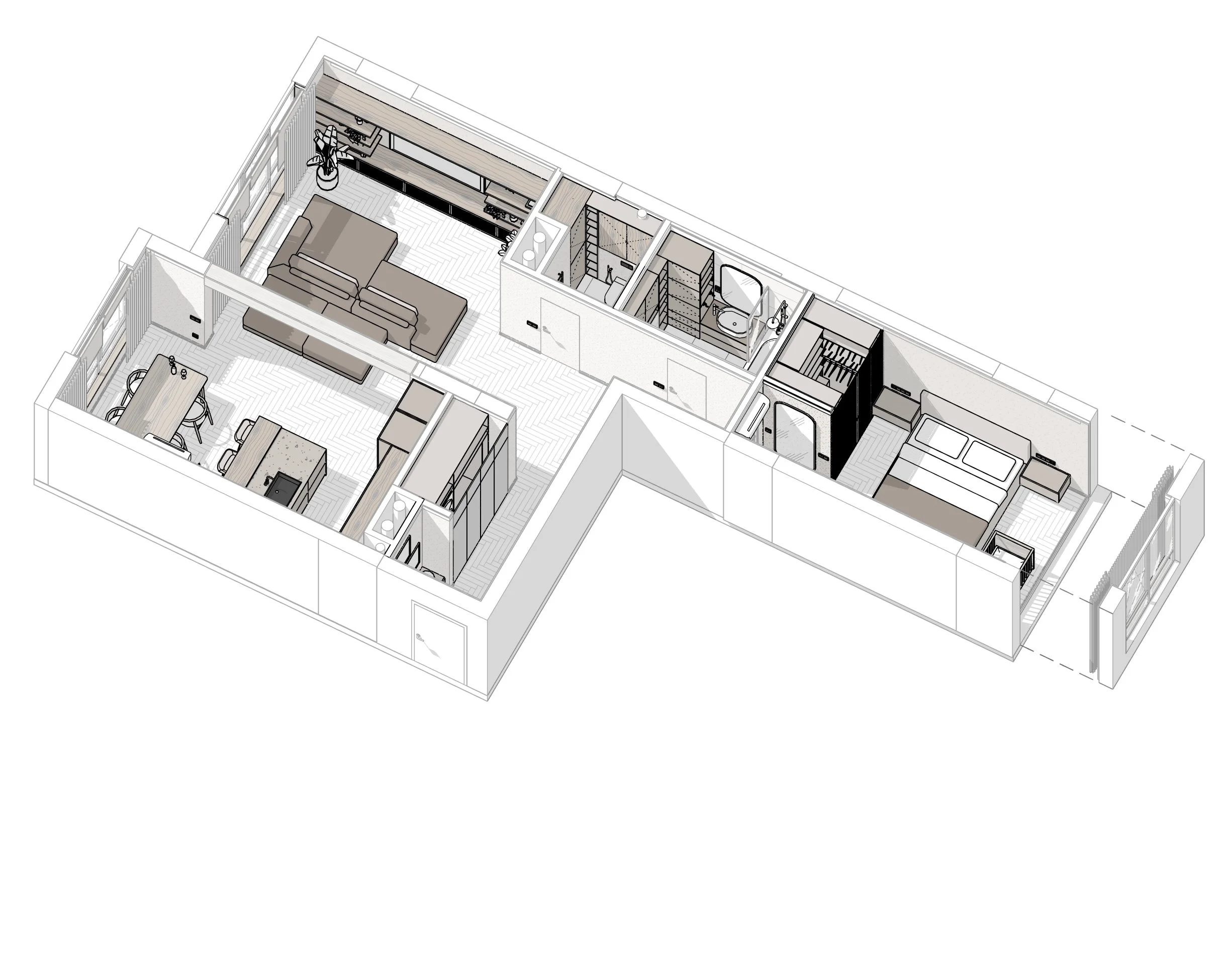 3D floor plan of a modern apartment with a living room, dining area, kitchen, bedroom, and bathroom.
