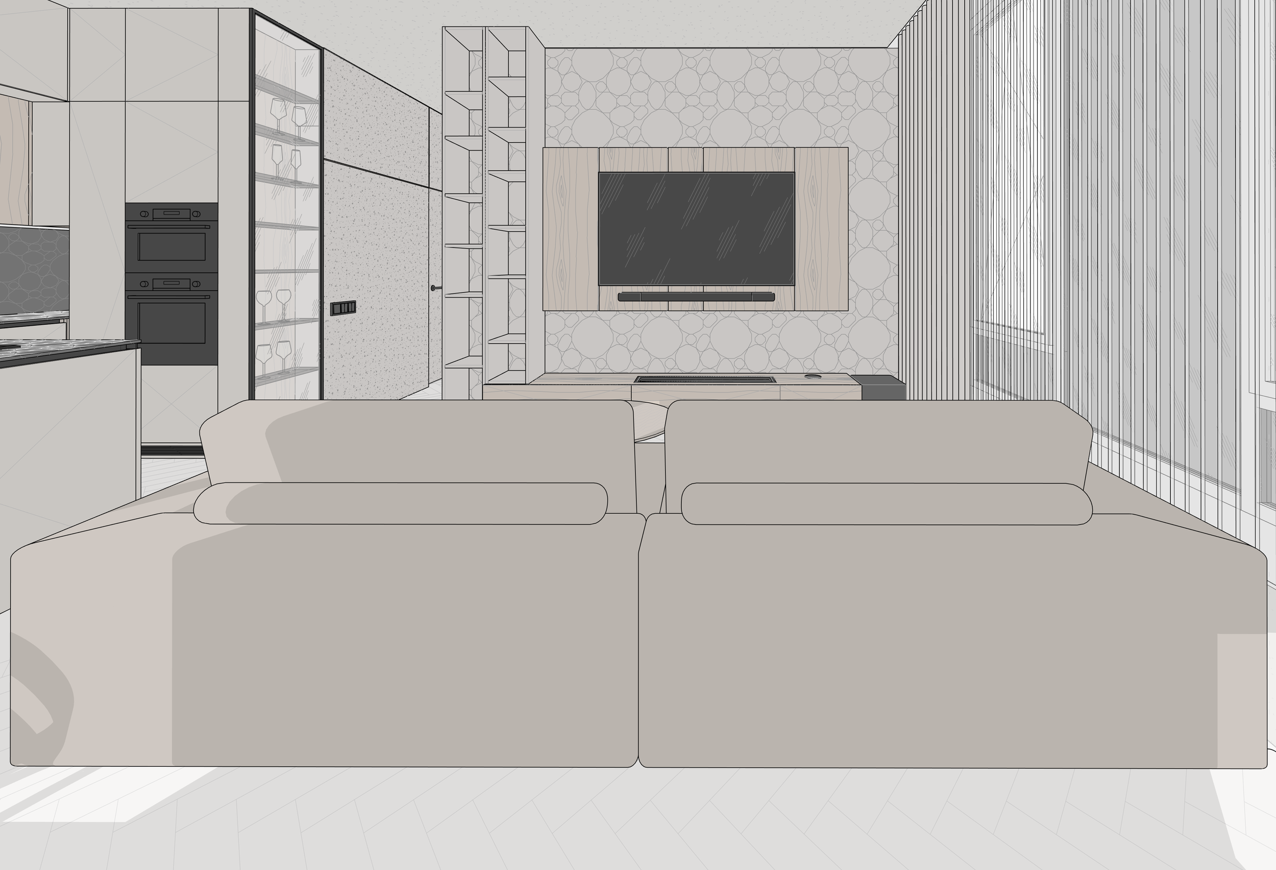 Line drawing of a modern living room with a beige sofa facing a wall-mounted TV, patterned wallpaper, and a large window with vertical blinds.